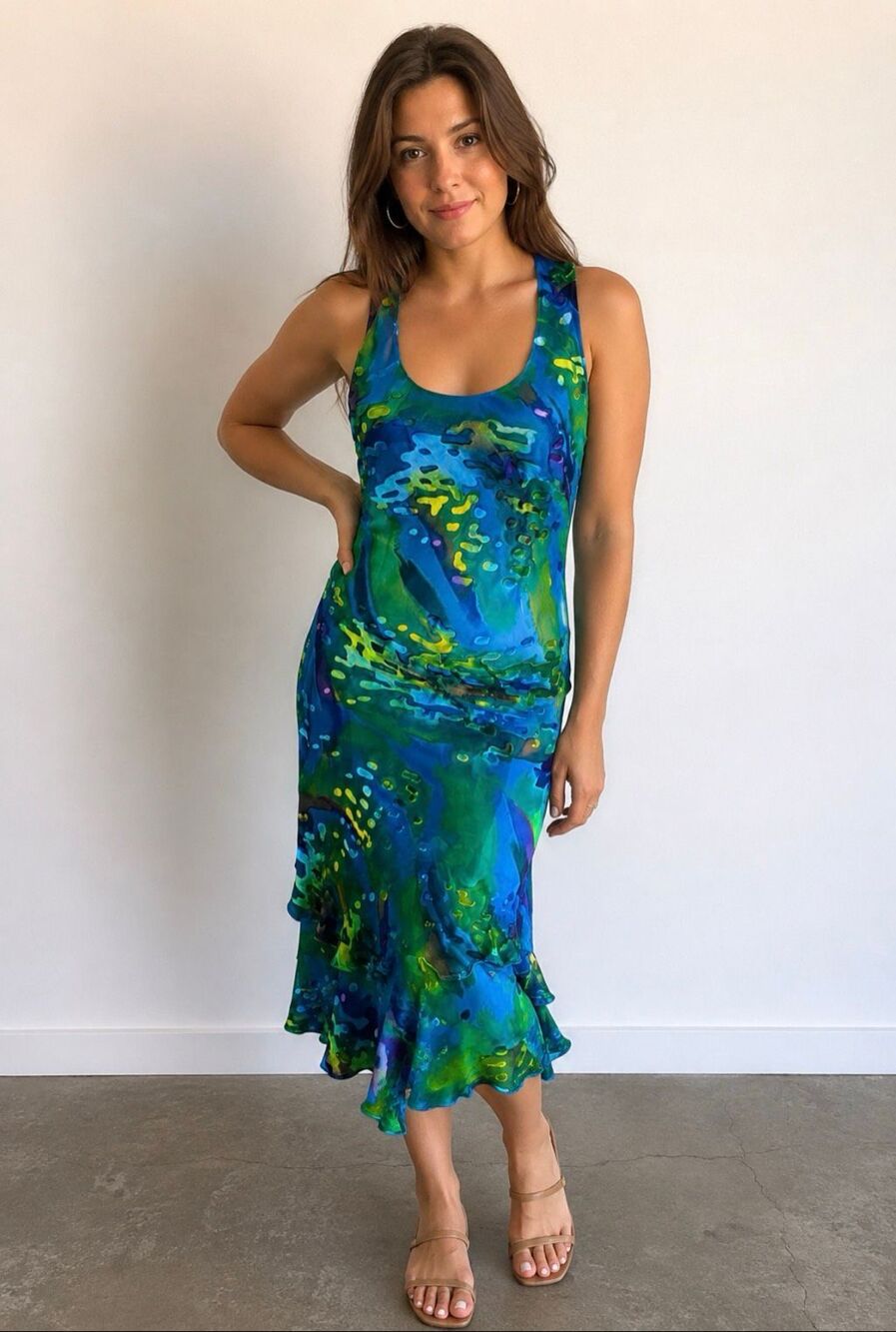 Vintage Simply Silk Blue Green Abstract Ruffle Midi Dress Y2K Fairy S